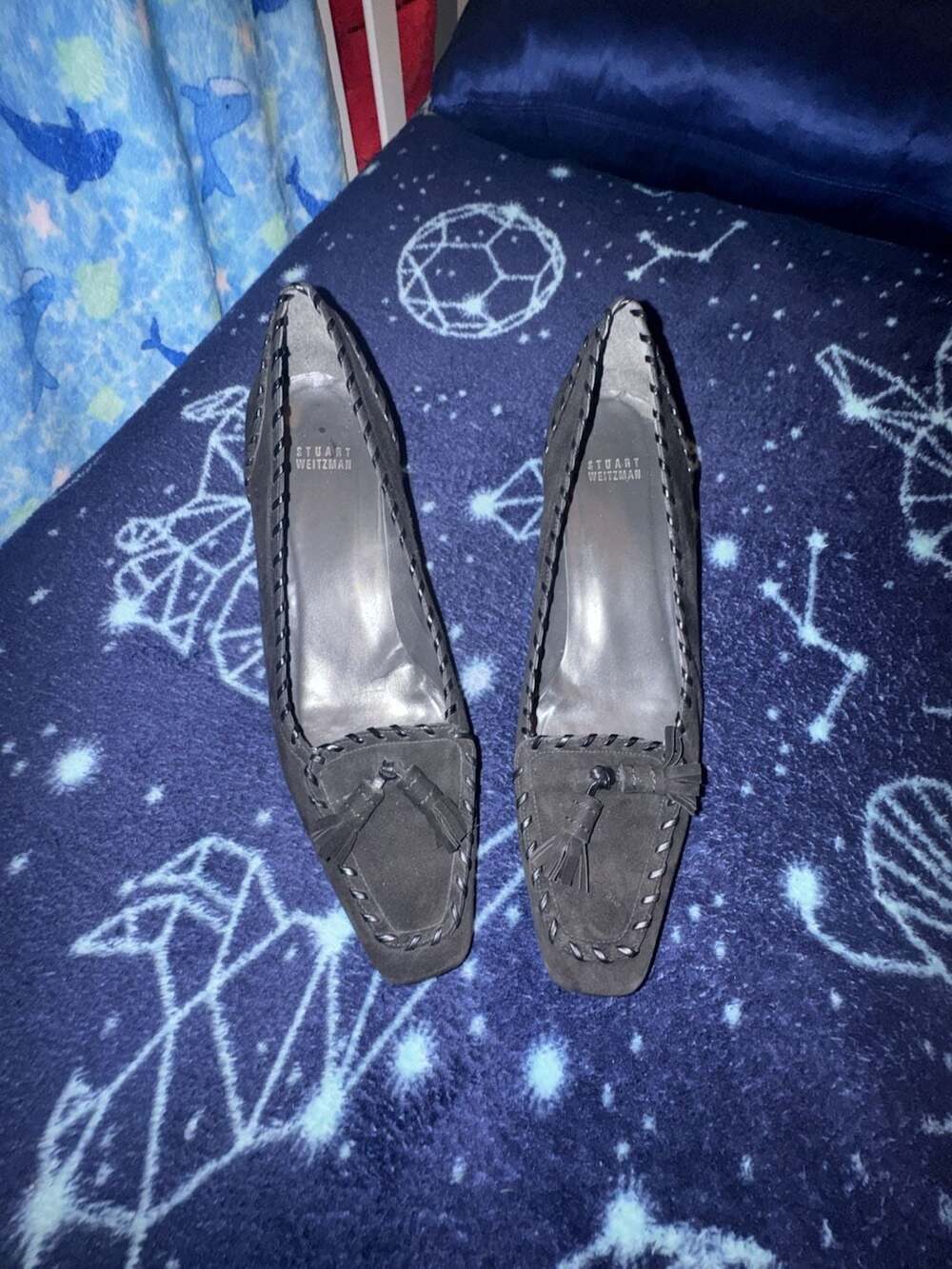 Stuart Weitzman Black Suede Tassel Kitten Heel Loafer Pumps
